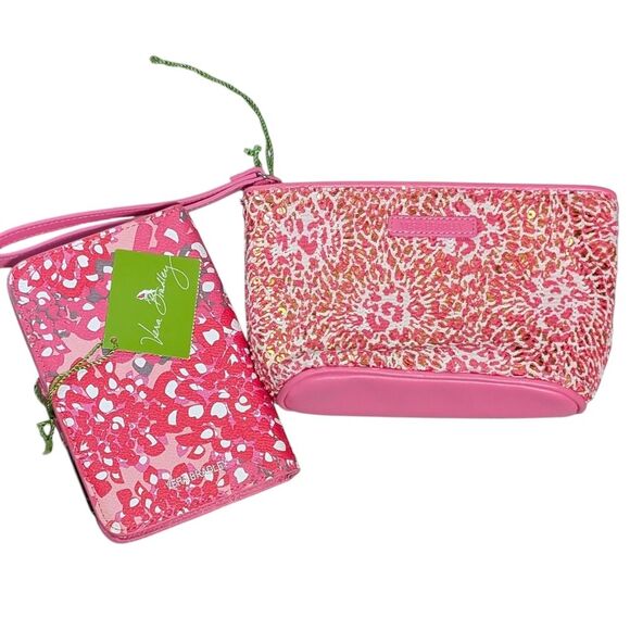 Vera Bradley Mesh Sequin Camocat Pink Wristlet cosmetic bag blooms notebook pen - Picture 1 of 8